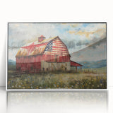 Framed acrylic wall art featuring a serene landscape with a rustic barn, showcasing vibrant colors and intricate details, perfect for home decor enhancement.
