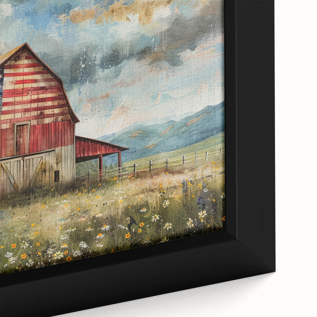 Close-up of a framed canvas wall art piece showcasing a picturesque barn landscape, featuring vibrant colors and intricate details, perfect for rustic home decor.
