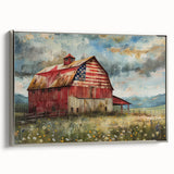Framed canvas wall art depicting a serene landscape featuring a rustic barn surrounded by lush greenery, with silver accents enhancing the overall aesthetic appeal.