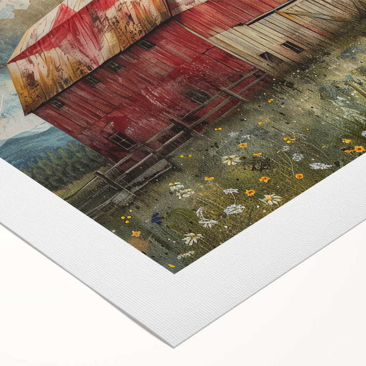 Rustic rolled canvas wall art showcasing a scenic landscape with a classic red barn surrounded by lush green fields and a vibrant blue sky, perfect for home decor.