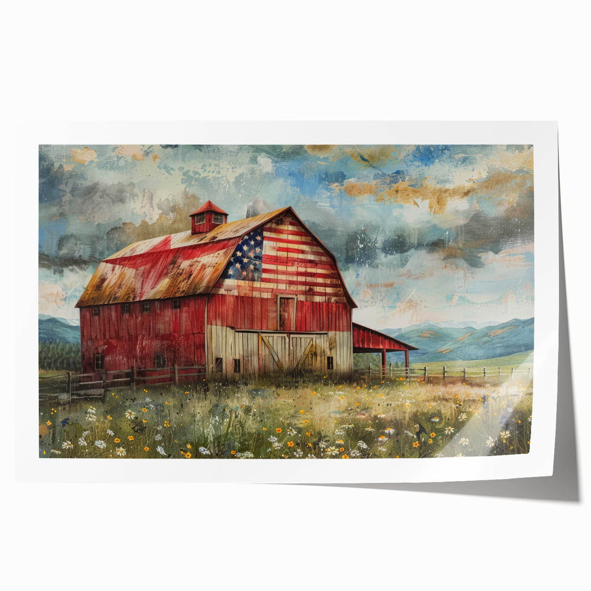 Rustic barn landscape wall art print showcasing vibrant green fields and a serene blue sky, rolled for easy shipping and display in home decor. Perfect for farmhouse-style interiors.