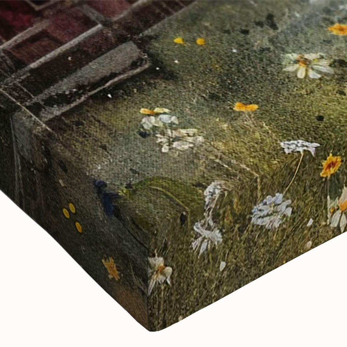 Close-up of a stretched canvas showcasing a vibrant landscape featuring a rustic barn surrounded by lush greenery, perfect for home decor enthusiasts.