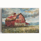 Stretched canvas featuring a vibrant landscape scene with rustic barns surrounded by lush greenery, perfect for enhancing interior decor with a countryside aesthetic.