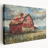 Stretched canvas wall art featuring a picturesque landscape of rustic barns, showcasing vibrant green fields and a clear blue sky, perfect for home decor.