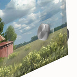 Close-up of a vibrant acrylic glass wall art piece showcasing a rustic barn landscape, featuring rich colors and intricate details, perfect for home decor.