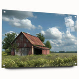 Side view of a stylish acrylic glass wall art piece showcasing a serene landscape with rustic barns, complemented by decorative pins, ideal for modern home decor.