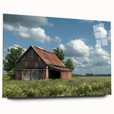 Acrylic glass wall art collection showcasing a serene landscape with a rustic barn, vibrant colors highlighting natural beauty, ideal for home decor.