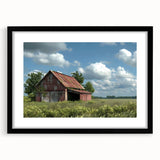 Black-framed landscape wall art featuring a serene barn scene with vibrant colors, perfect for adding rustic charm to home decor. Ideal for farmhouse-themed interiors.