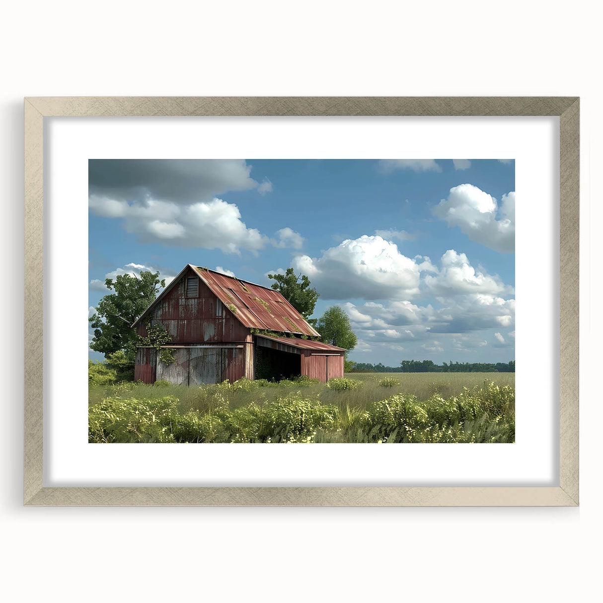Framed wall art collection showcasing a serene landscape with a rustic barn, featuring a silver frame and matting, perfect for home decor enhancement.