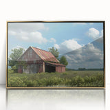 Framed acrylic wall art showcasing a rustic landscape with a golden barn, perfect for enhancing home decor. Ideal for country-themed interiors and art lovers.