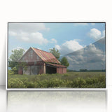 Framed acrylic wall art depicting a serene landscape with rustic barns, set against a tranquil sky. The artwork features vibrant colors and a sleek white frame, perfect for enhancing home decor.