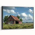 Framed canvas wall art showcasing a rustic barn landscape design with rich colors and intricate details, set against a black frame for modern decor.