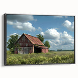 Framed canvas wall art showcasing a rustic barn landscape design with rich colors and intricate details, set against a black frame for modern decor.