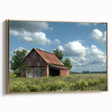 Framed canvas wall art depicting a scenic landscape with a rustic barn and lush greenery, highlighted by a gold frame for an elegant touch. Ideal for home decor.