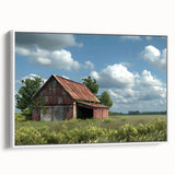 Framed canvas wall art showcasing a serene landscape with a rustic barn, set against a vibrant sunset backdrop. Ideal for home decor enthusiasts seeking a touch of rural charm.