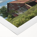 Rolled canvas artwork showcasing a serene landscape with a rustic barn, framed by lush greenery and vibrant skies, perfect for home decor enthusiasts.