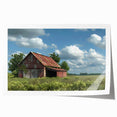 Rustic barn landscape wall art print showcasing vibrant colors and intricate details, rolled for easy display and shipping, perfect for farmhouse decor enthusiasts.