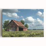 Stretched canvas wall art showcasing a serene landscape with rustic barns, vibrant green fields, and a clear blue sky, perfect for home décor.