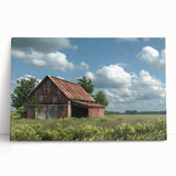 Stretched canvas artwork showcasing a serene landscape with rustic barns, vibrant green fields, and a clear blue sky, perfect for home decor enthusiasts.