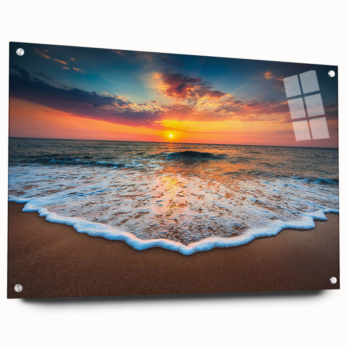 Side view of a vibrant acrylic wall art piece showcasing a stunning beach landscape, elegantly mounted with pins on a clean white background, ideal for home decor.