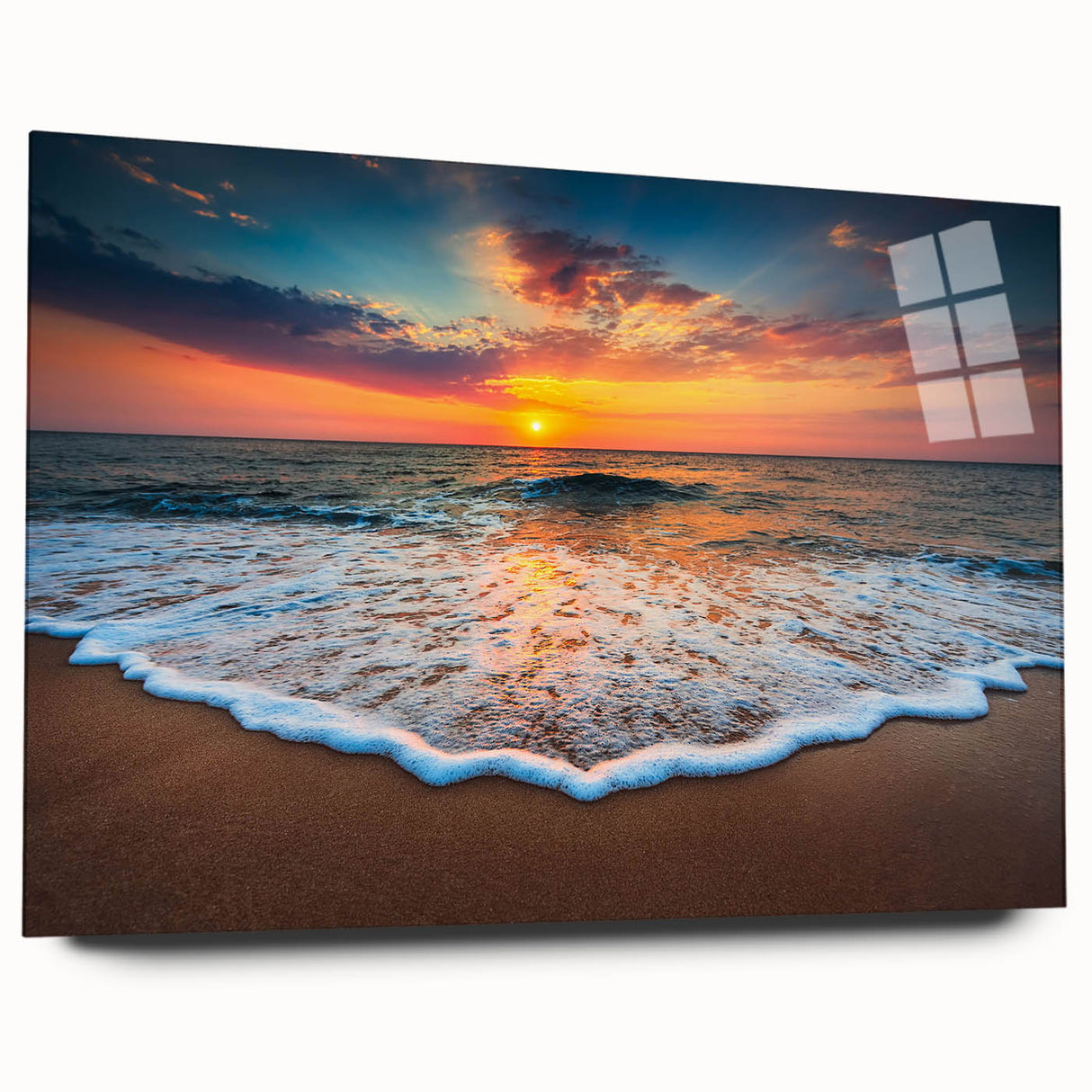 Acrylic wall art collection showcasing a vibrant beach landscape design, displayed in a sleek side view without pins, perfect for modern decor enthusiasts.