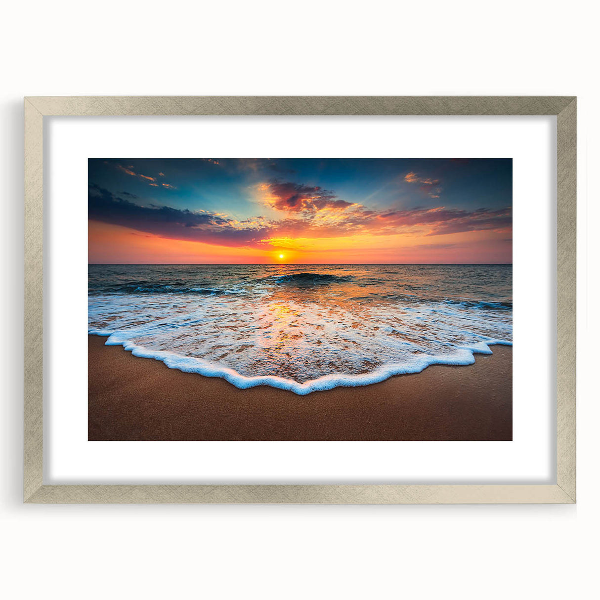 Framed wall art collection showcasing a serene beach landscape design, featuring a silver mat and sleek frame, ideal for modern home decor.