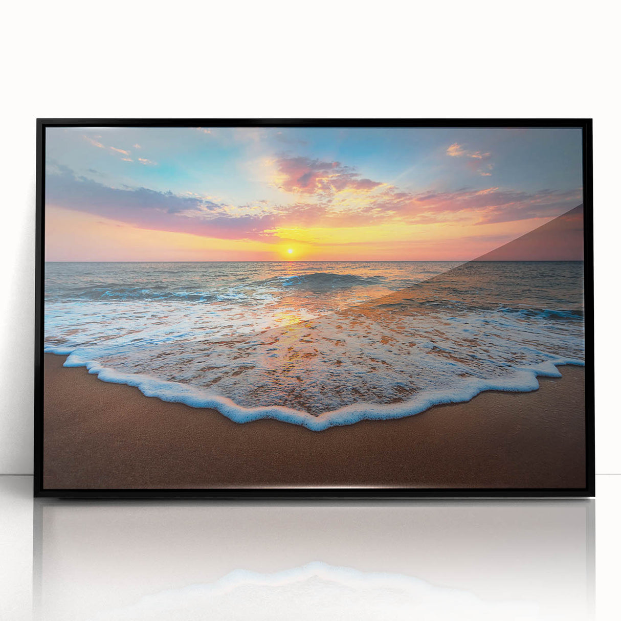 Framed acrylic wall art featuring a serene beach landscape design with vibrant colors, elegantly displayed with a sleek black frame, perfect for modern decor.