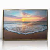 Framed acrylic wall art featuring a vibrant beach landscape design with golden accents, showcasing serene ocean waves and a clear sky, perfect for modern home decor.