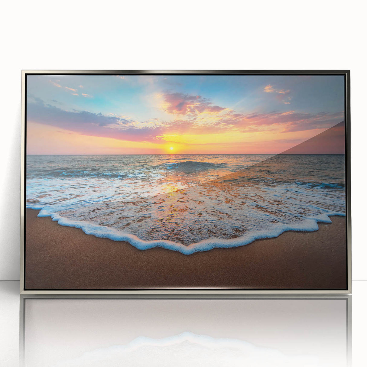 Framed acrylic wall art featuring a serene beach landscape with vibrant colors, showcasing gentle waves and a clear sky, perfect for coastal-themed decor.