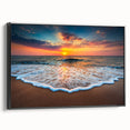 Framed canvas wall art showcasing a serene beach landscape with vibrant colors, perfect for home decor, featuring a sleek black frame from the side view.