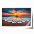 Colorful landscape wall art featuring a serene beach scene with palm trees and a vibrant sunset, rolled and packaged in a protective cardboard tube for easy display options. Perfect for adding a tropical vibe to home decor.