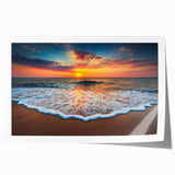 Colorful landscape wall art featuring a serene beach scene with palm trees and a vibrant sunset, rolled and packaged in a protective cardboard tube for easy display options. Perfect for adding a tropical vibe to home decor.