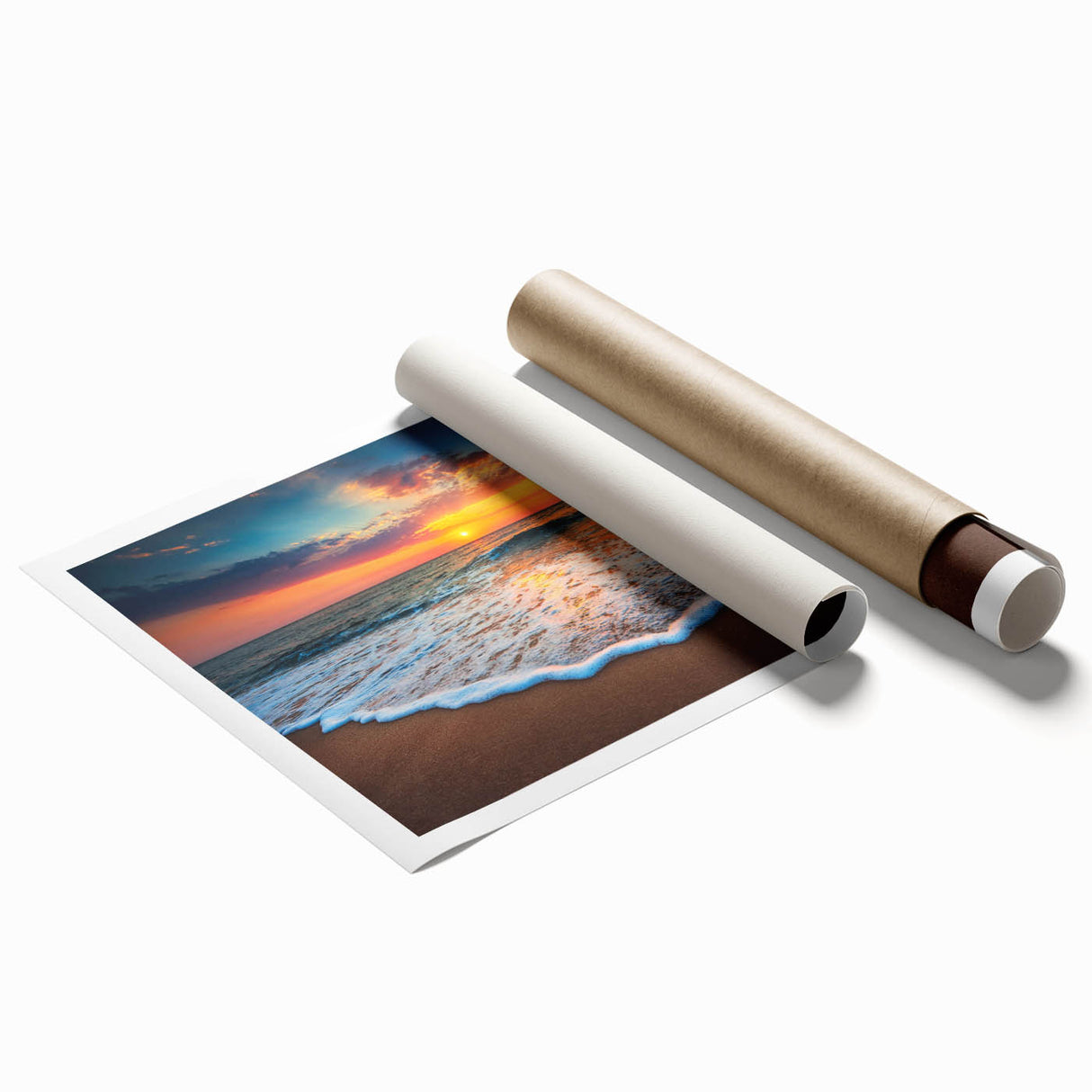 Vibrant rolled print showcasing a serene beach landscape with gentle waves and a colorful sunset, ideal for home decor. Packaged securely in a protective tube.