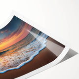 Colorful rolled print of a serene beach landscape wall art, showcasing vibrant blues and sandy tones, designed to enhance home decor with a coastal vibe.