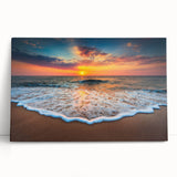 Vibrant beach landscape wall art collection on stretched canvas, showcasing serene ocean waves and sandy shores, ideal for coastal home decor.