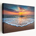 Stretched canvas wall art showcasing a vibrant beach landscape design with blue skies and gentle waves, ideal for coastal-themed decor.