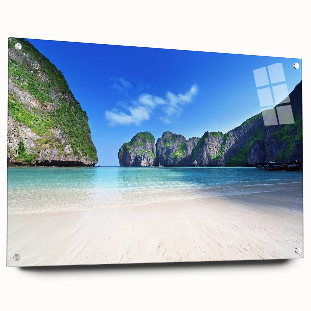 Acrylic glass wall art collection showcasing a serene beach landscape, displayed from a side view with decorative pins, ideal for home decor enhancement. This vibrant piece features soft blues and sandy tones, creating a calming atmosphere in any room.