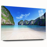 Acrylic glass wall art collection showcasing a vibrant beach landscape with soft blue skies and golden sands, presented in a sleek side view without pins. Perfect for adding a coastal touch to home decor.