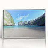 Framed acrylic wall art featuring a serene beach landscape design, presented in a sleek white frame, ideal for home decor and coastal-themed interiors.