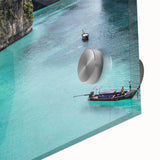 Close-up of an acrylic glass artwork depicting a serene beach landscape with vibrant colors and intricate details, perfect for modern home decor.