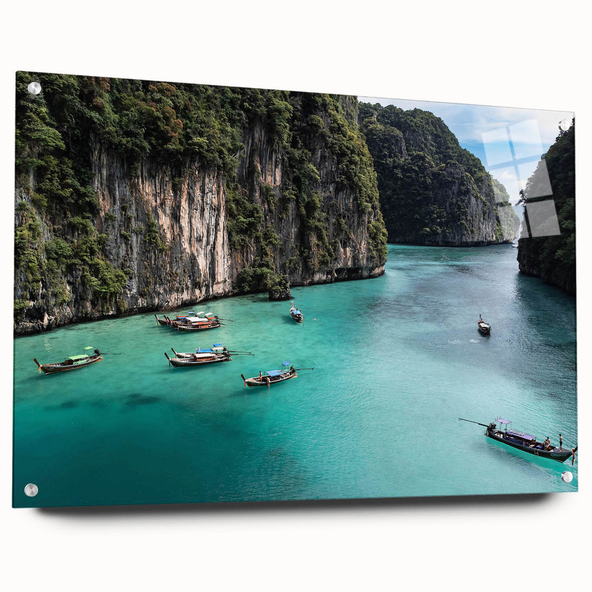 Acrylic wall art collection showcasing a serene beach landscape design, displayed from the side with pins, highlighting vibrant colors and modern aesthetics. Perfect for enhancing any coastal-themed decor or home gallery.