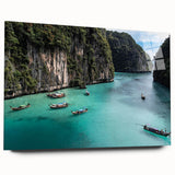 Acrylic glass wall art collection showcasing a serene beach landscape, vibrant colors, and intricate details, displayed from a side view highlighting its sleek design.