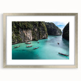 Framed landscape wall art featuring a serene beach scene with vibrant colors, silver matting, and a sleek frame, perfect for modern home decor.