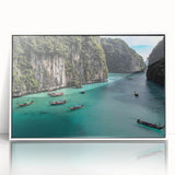 Framed wall art featuring a serene beach landscape design, with vibrant colors and a sleek white frame, perfect for enhancing modern home decor.