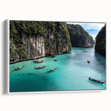 Framed canvas wall art showcasing a serene beach landscape with vibrant colors, designed for modern decor. The white frame adds elegance, ideal for living spaces.