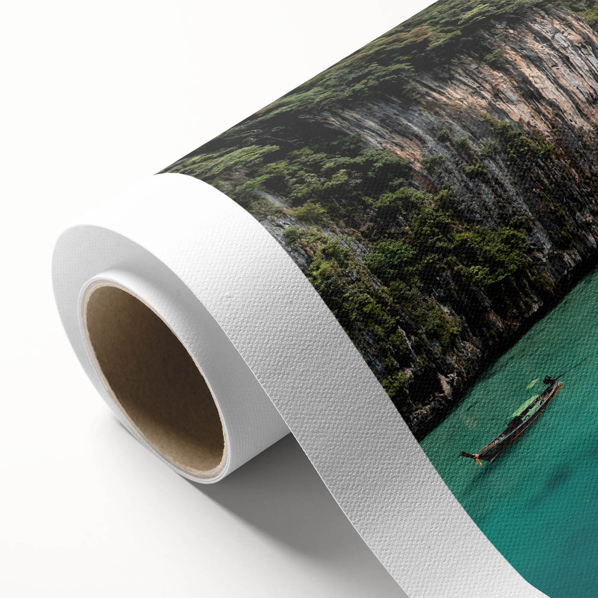 Vibrant rolled canvas wall art showcasing a serene beach landscape, featuring soft pastel colors and gentle waves, perfect for coastal-themed decor.
