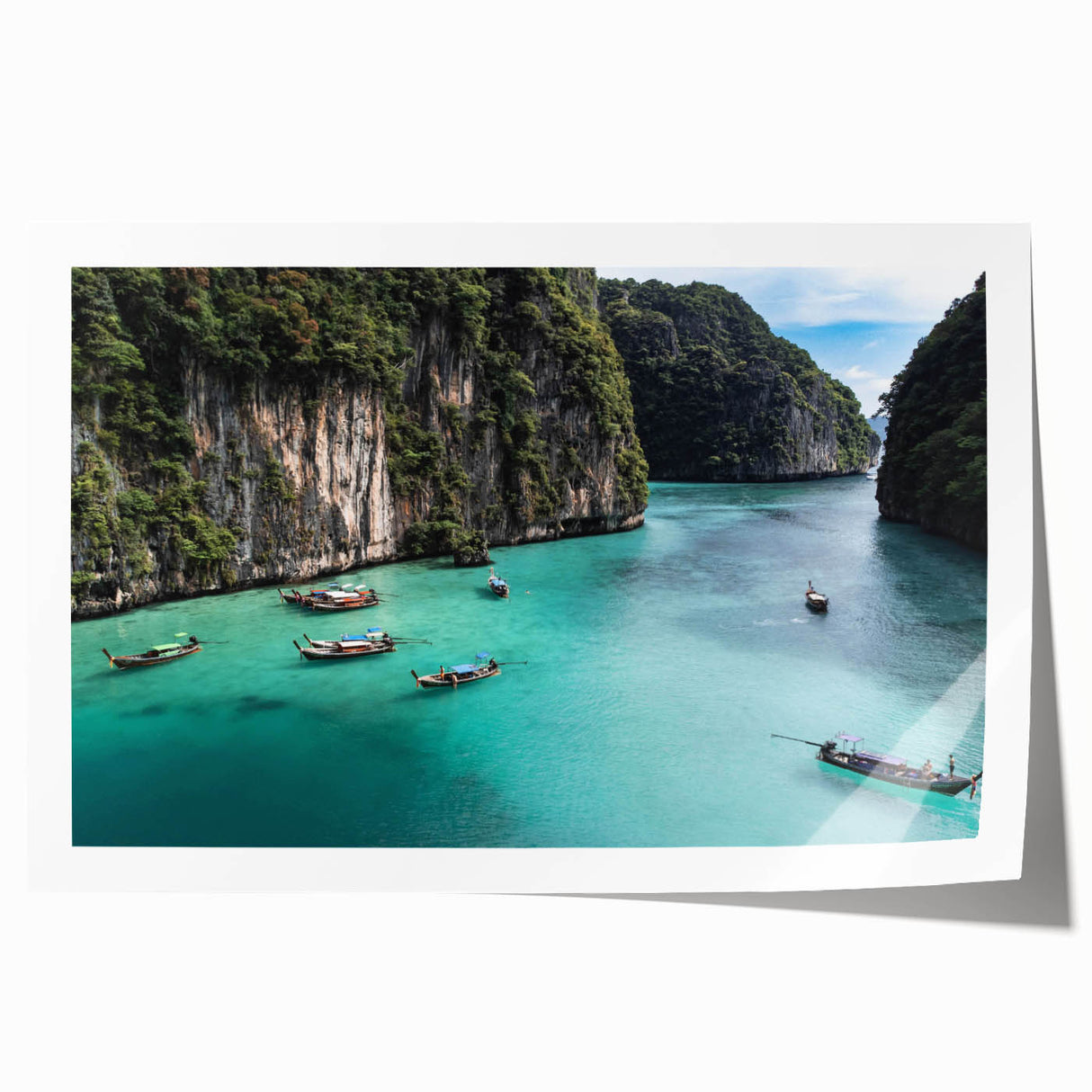 Vibrant rolled print of a serene beach landscape featuring golden sands and turquoise waters, ideal for home decor or wall art collection, showcased in a protective tube.