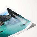 Vibrant rolled print of a serene beach landscape, showcasing golden sands, turquoise waves, and a clear blue sky, ideal for home decor and relaxation themes.