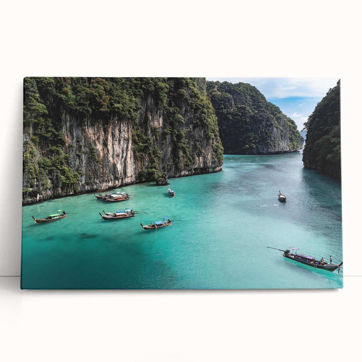 Stretched canvas wall art showcasing a serene beach landscape with vibrant colors, perfect for home decor. Ideal for enhancing coastal-themed interiors.