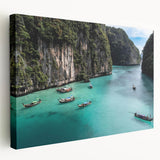 Stretched canvas wall art showcasing a vibrant beach landscape design, featuring vivid blue waters and golden sand, perfect for home decor and relaxation.